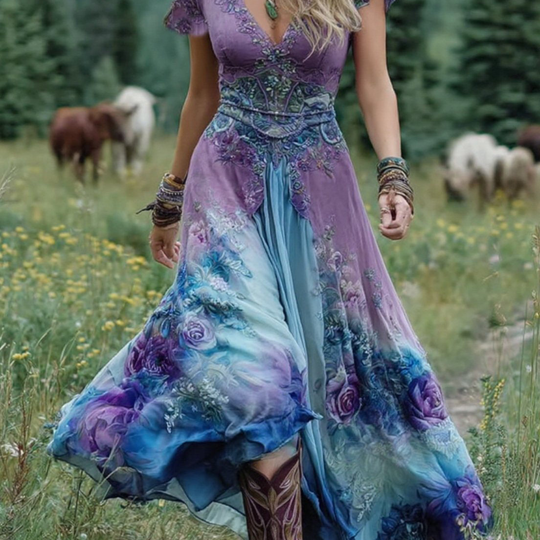 Serena™ | Maxi kratka haljina cvjetna lavanda s rafiniranim naglaskom