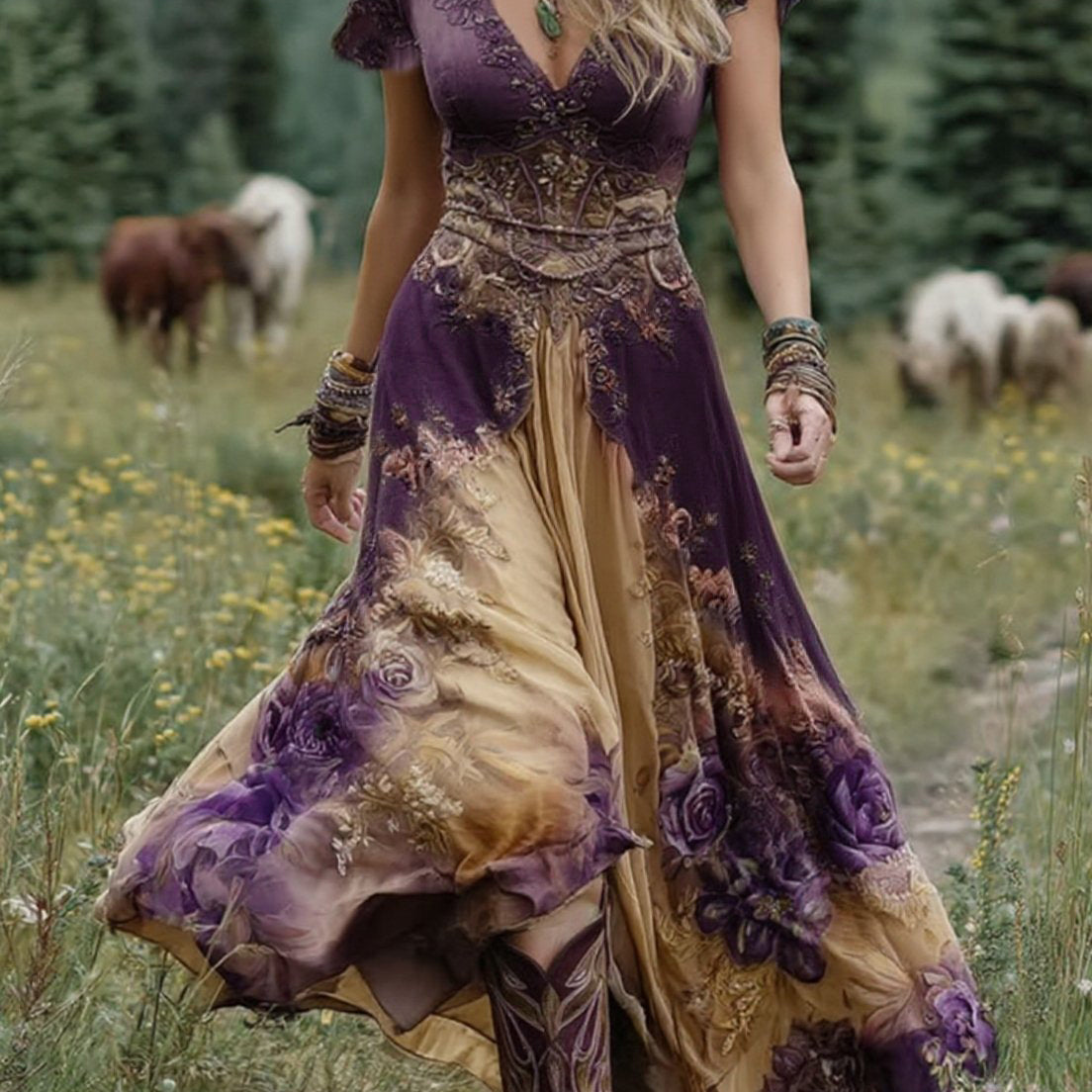 Serena™ | Maxi kratka haljina cvjetna lavanda s rafiniranim naglaskom