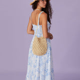 Renata | Midi Plava Haljina s Cvjetnim Uzorkom, Kvadratnim Izrezom i Nabranjem